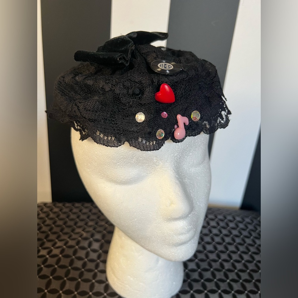 Vintage Black Lace Women's Fascinator with Velvet Bow and Embellishments